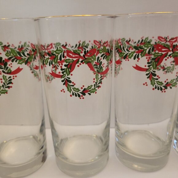 Set Of 4 Holiday Wreath Design Highball Glasses With Gold Rim 16 Oz Christmas De - Picture 2 of 6